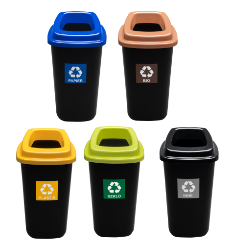 zestaw kosze 45L kolor pokrywy.png, zestaw koszy do segregacji odpadów, kosze 28l, kosz na plastik, kosz na szkło, kosz na papier kosz na bio odpady, kosz na odpady zmieszane